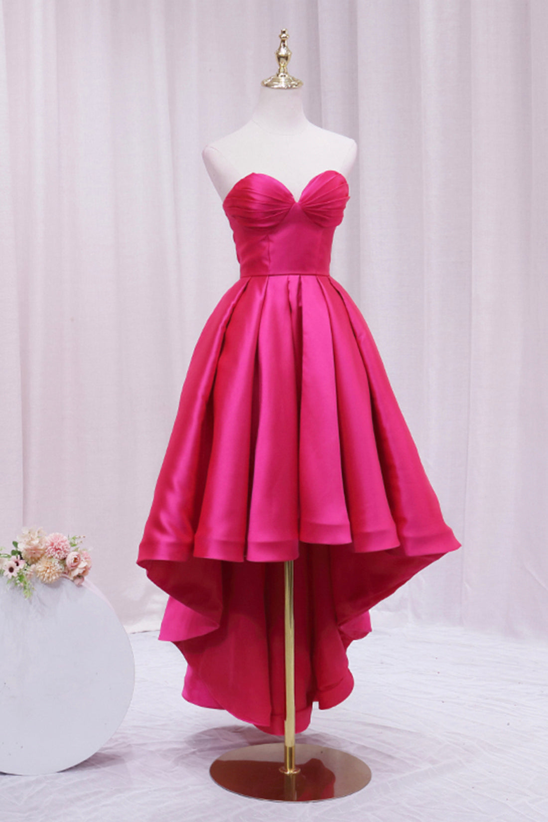 Hot Pink Satin High Low Prom Dress, Cute Sweetheart Neck Evening Party Dress