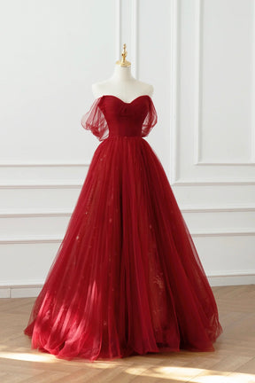 Burgundy Tulle Floor Length A-Line Formal Dress, Off the Shoulder Evening Party Dress
