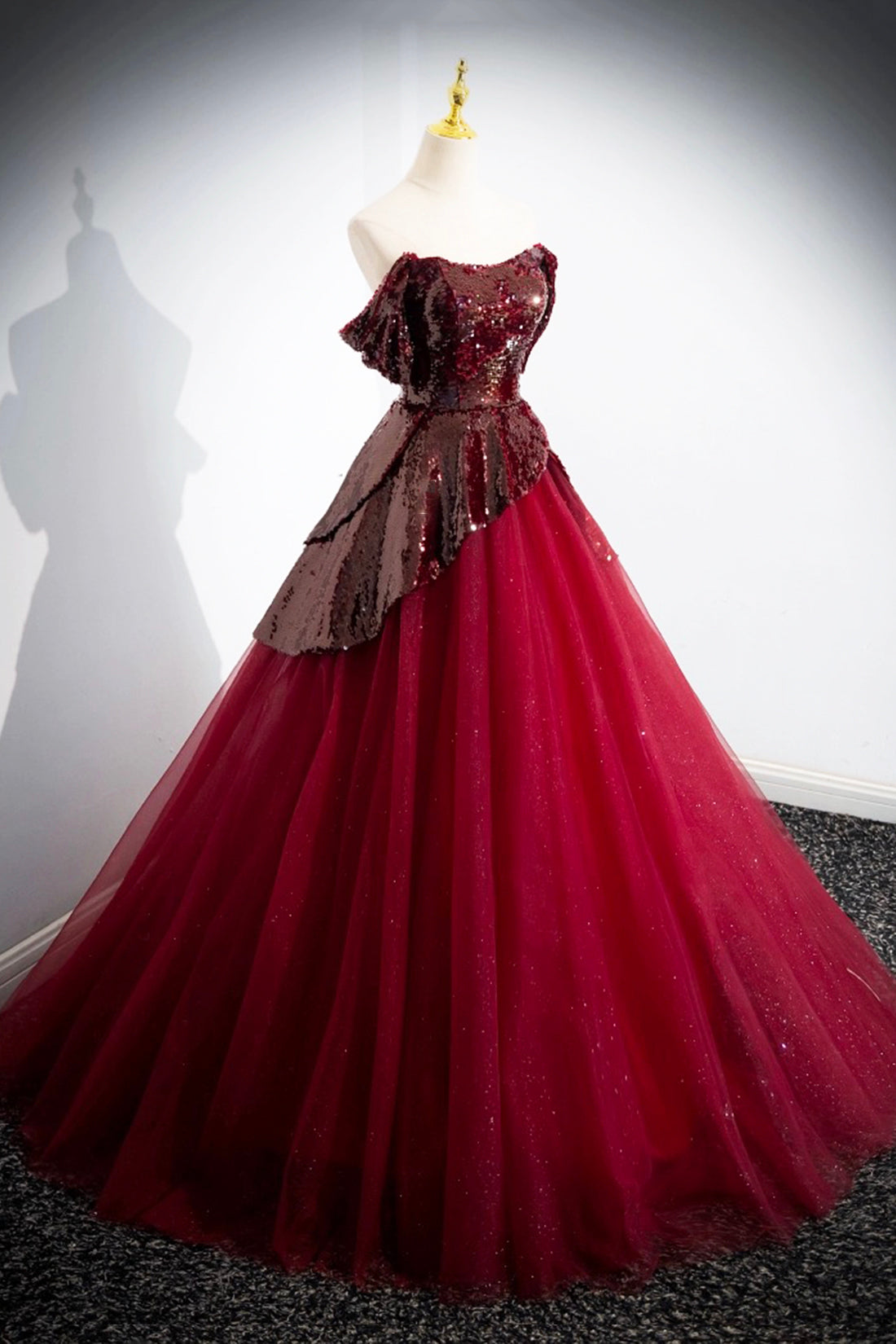 Burgundy Sequins Tulle Long Prom Dress, Elegant A-Line Evening Dress