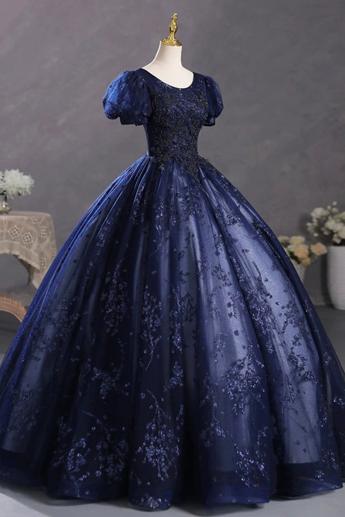 Blue Tulle Sequins Long Formal Dress, A-Line Short Sleeve Evening Party Dress
