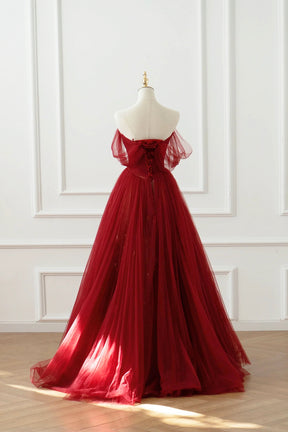 Burgundy Tulle Floor Length A-Line Formal Dress, Off the Shoulder Evening Party Dress