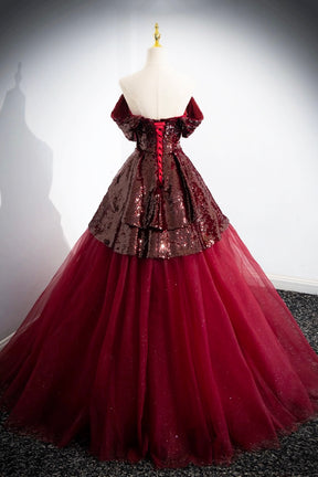 Burgundy Sequins Tulle Long Prom Dress, Elegant A-Line Evening Dress