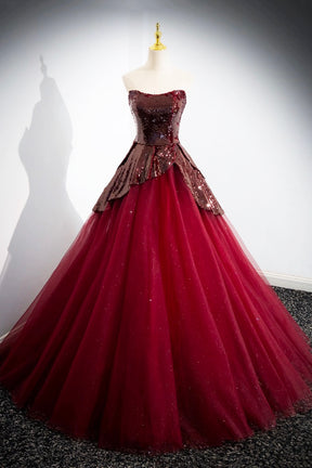 Burgundy Sequins Tulle Long Prom Dress, Elegant A-Line Evening Dress