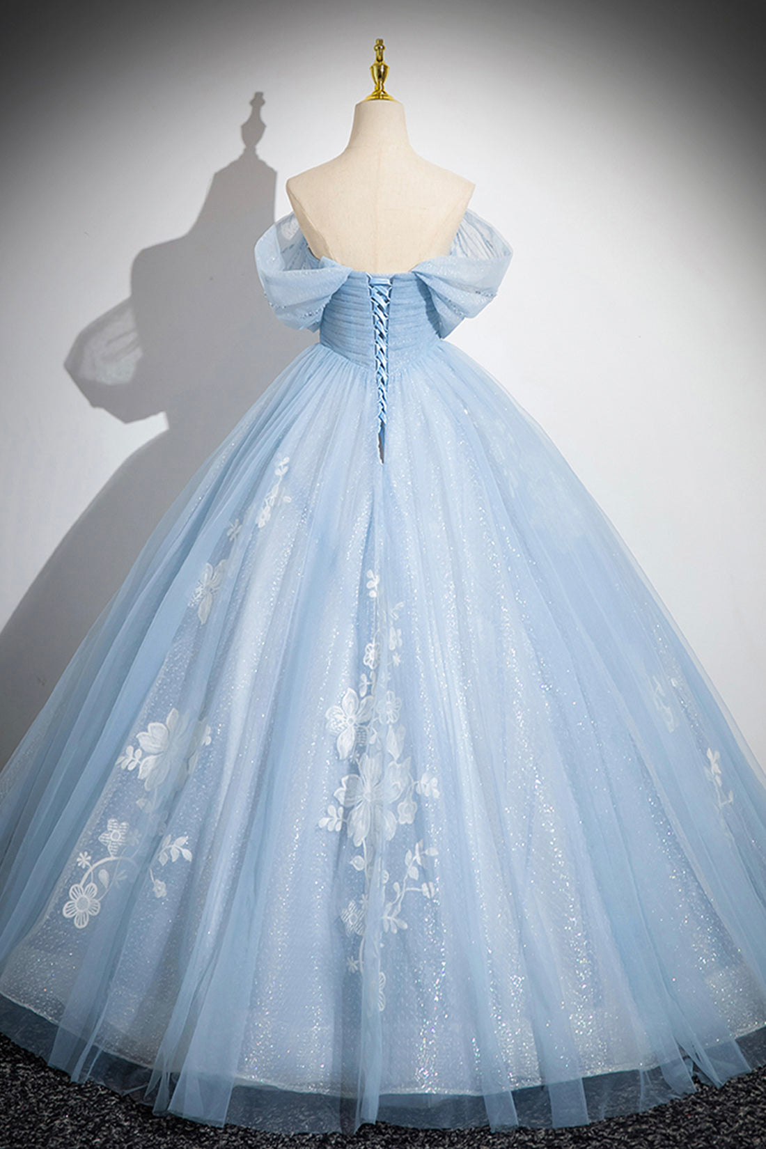 Blue Tulle Lace Long Prom Dress, Off the Shoulder Evening Party Dress