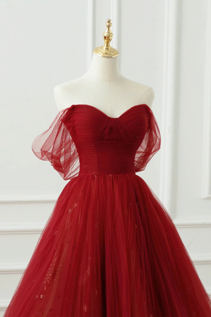 Burgundy A Line Off the Shoulder Crepe Formal Dress main image 1