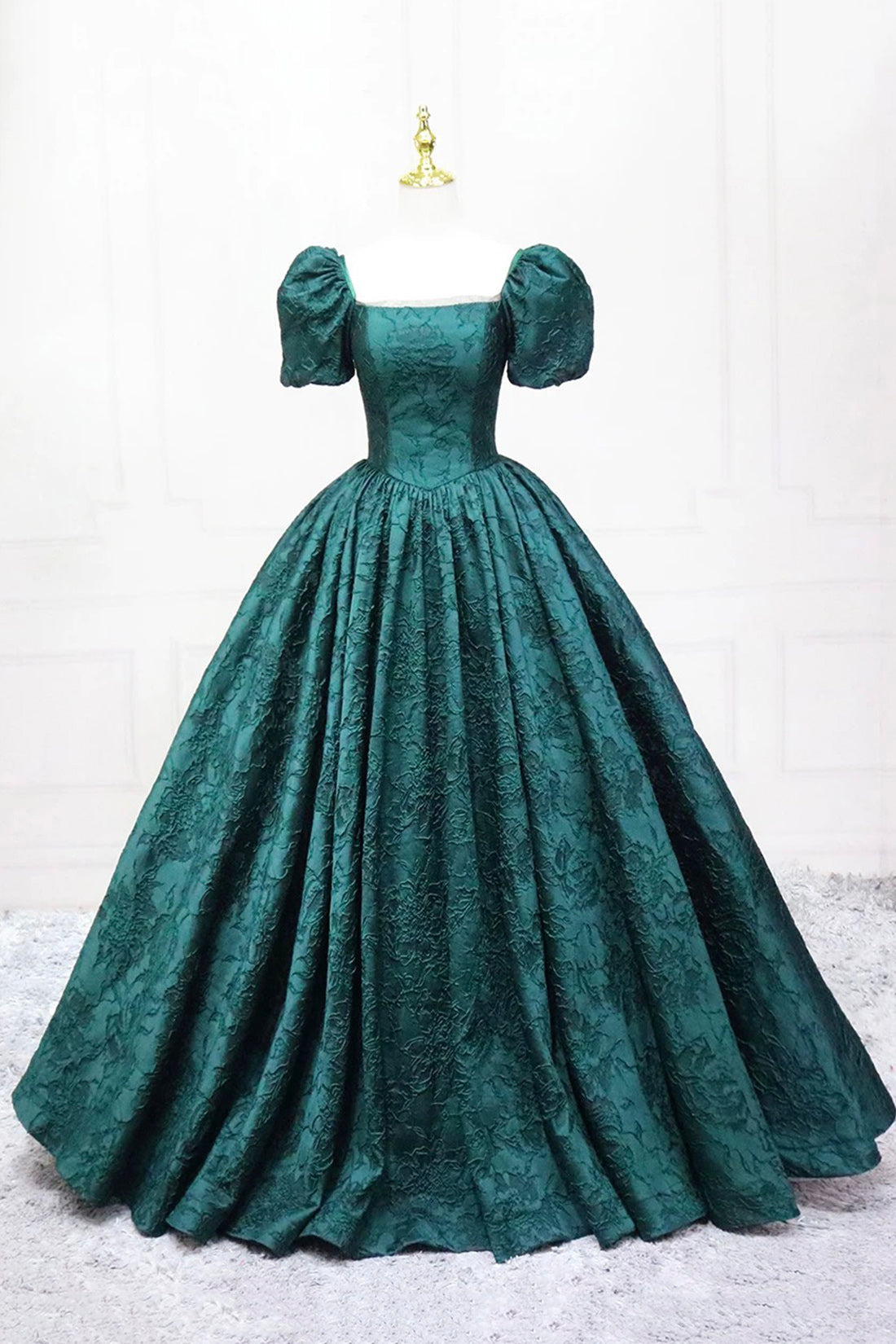 Dark Green Printed Long A-Line Prom Dress, Elegant Short Sleeve Formal Evening Dress