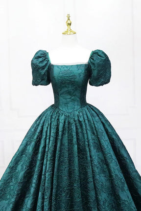 Dark Green Printed Long A-Line Prom Dress, Elegant Short Sleeve Formal Evening Dress