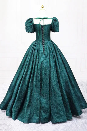 Dark Green Printed Long A-Line Prom Dress, Elegant Short Sleeve Formal Evening Dress