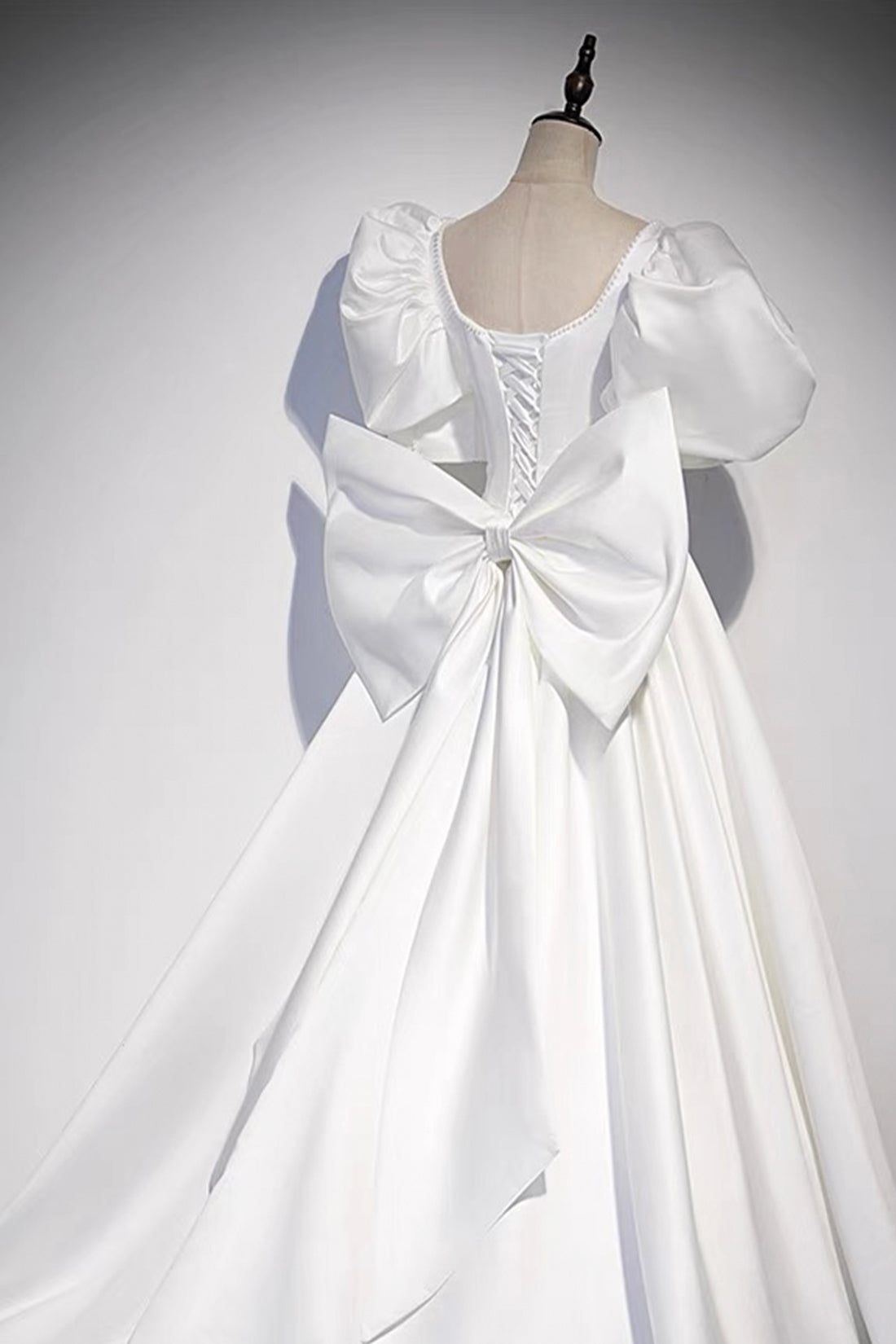 White Satin Long Prom Dress, Beautiful Short Sleeve Evening Dress with Bow