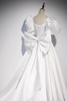 White Satin Long Prom Dress, Beautiful Short Sleeve Evening Dress with Bow