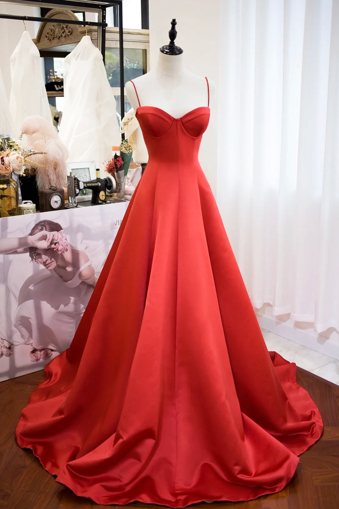 Red Spaghetti Strap Satin Long Prom Dress, Simple A-Line Evening Party Dress