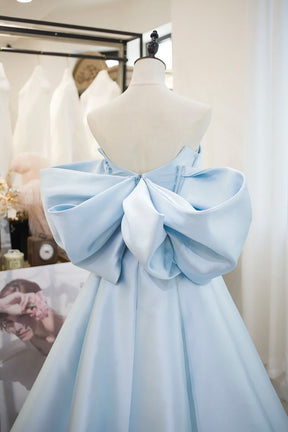 Blue Satin Spaghetti Strap Long Prom Dress with Big Bow, Blue A-Line Evening Party Dress