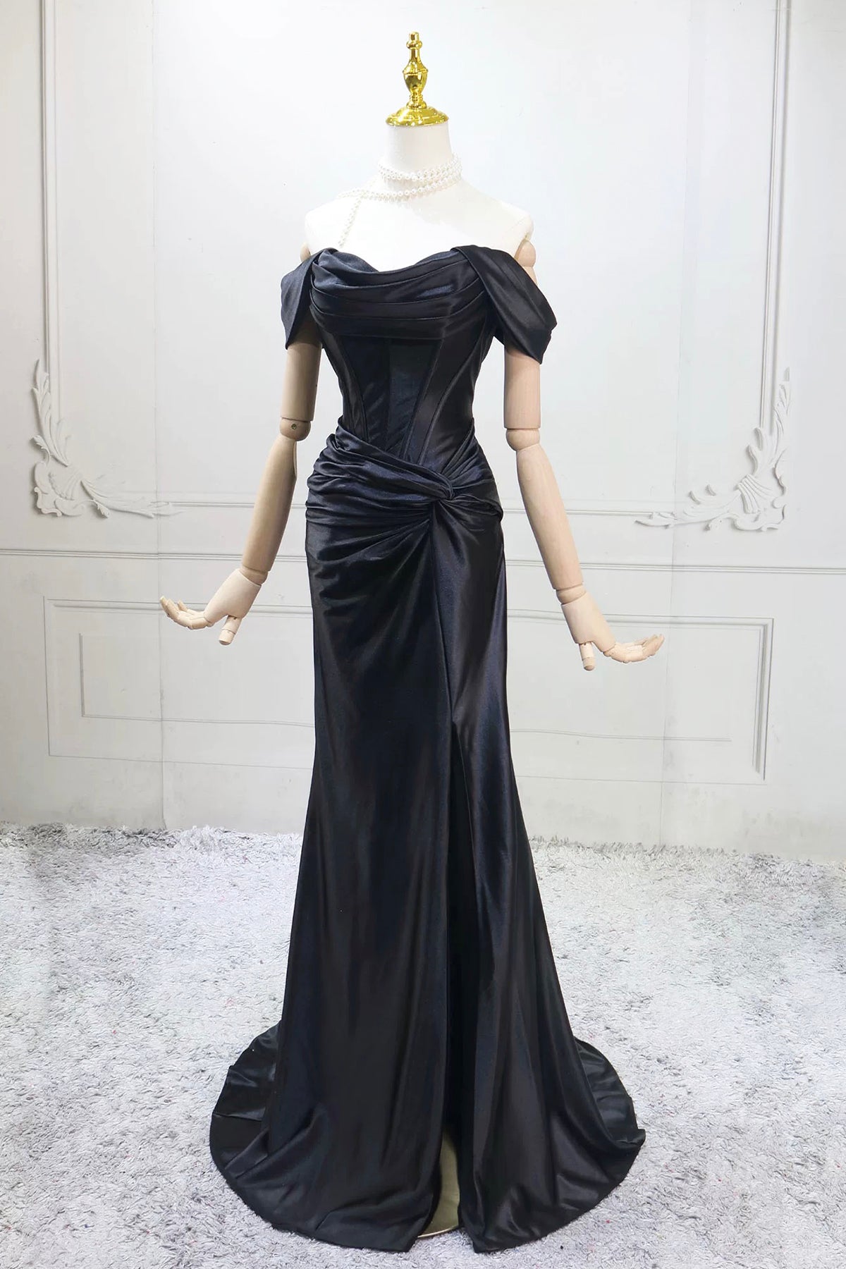 Black Satin Long Prom Dress, Mermaid Off the Shoulder Evening Party Dress