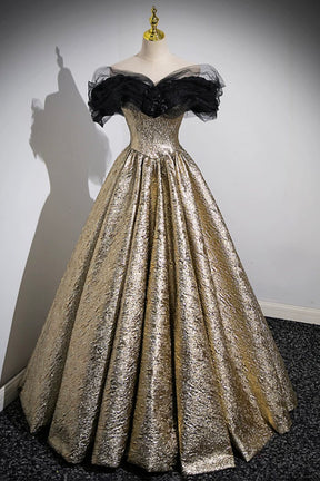 Sparkly Black and Gold Glitter Prom Dresses Ball Gown, Off the Shoulder Evening Party Dress