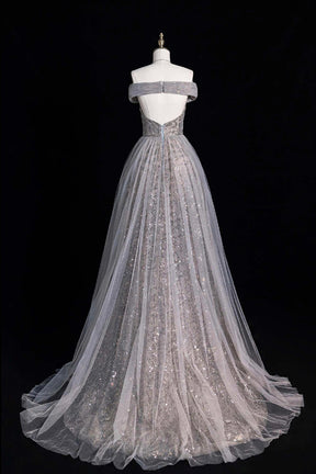 Grey Sequin Embellished Off Shoulder Tulle Evening Gown Long Prom Dress