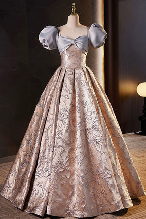 Fashion Floor-Length Printing Prom Dresses, A-Line Short Sleeve Backless Evening Formal Dresses
