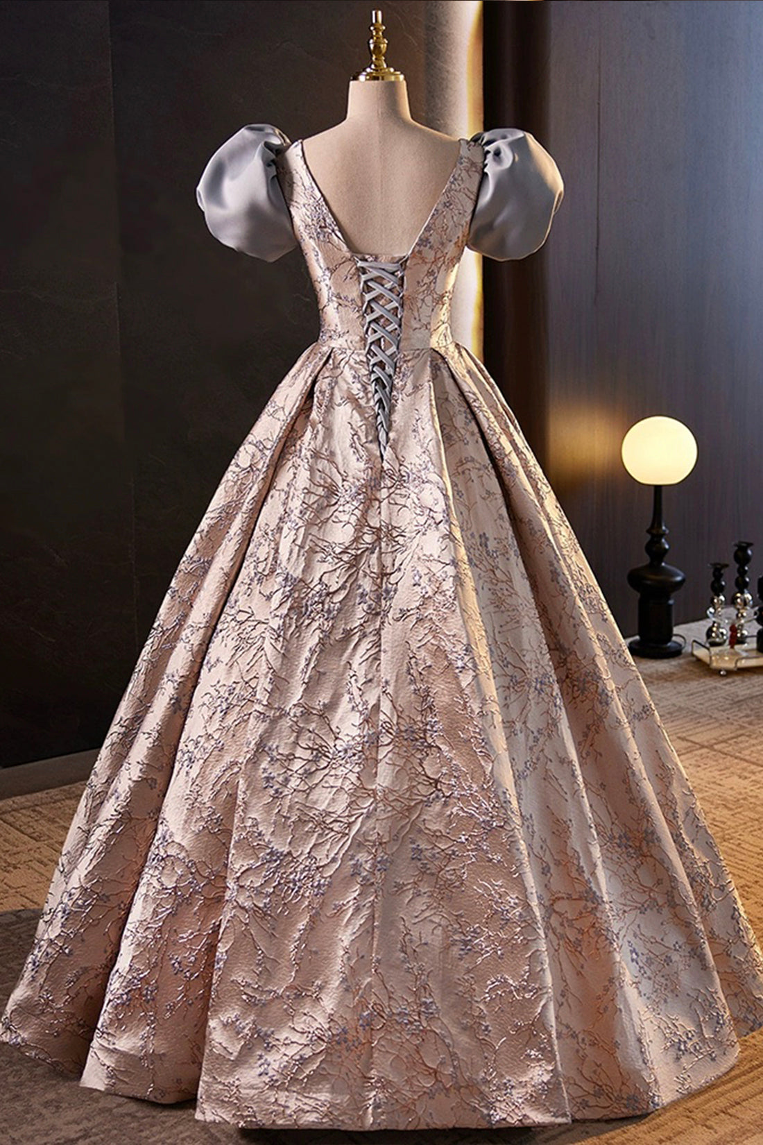 Fashion Floor-Length Printing Prom Dresses, A-Line Short Sleeve Backless Evening Formal Dresses