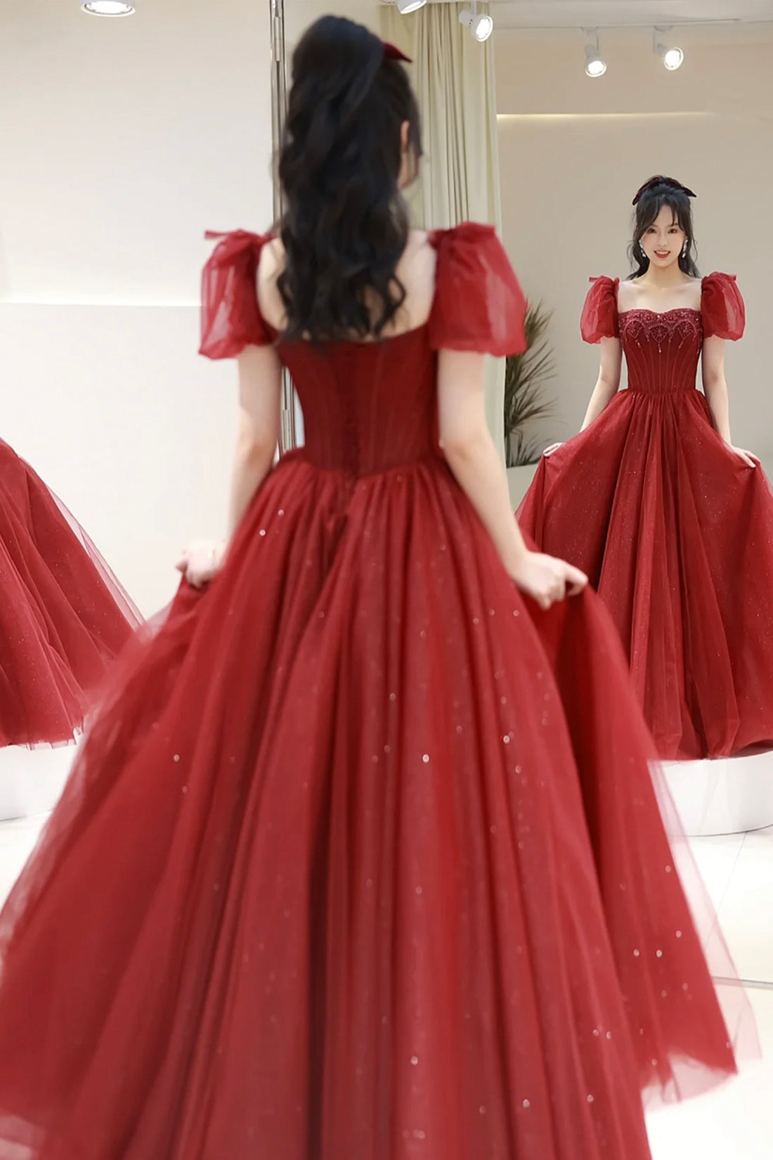 Burgundy Tulle Beaded Floor Length Prom Dress, Beautiful Short Sleeve Evening Party Dress