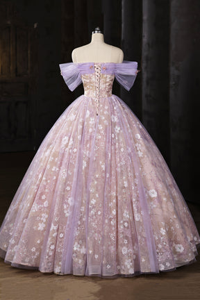 Floral Embroidery Tulle Ball Gown - Lavender Evening Party Dress