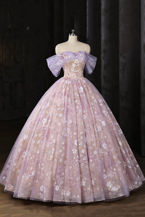 Floral Embroidery Tulle Ball Gown - Lavender Evening Party Dress