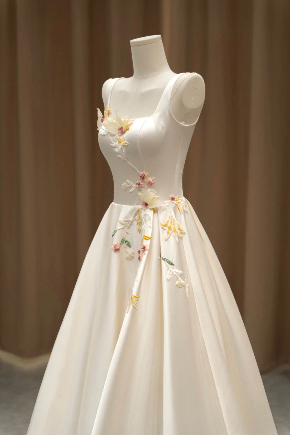 Light Champagne Satin Long Formal Dress with 3D Flowers, Elegant A-Lin Light Champagne Satin Long Formal Dress with 3D Flowers, Elegant A-Lin