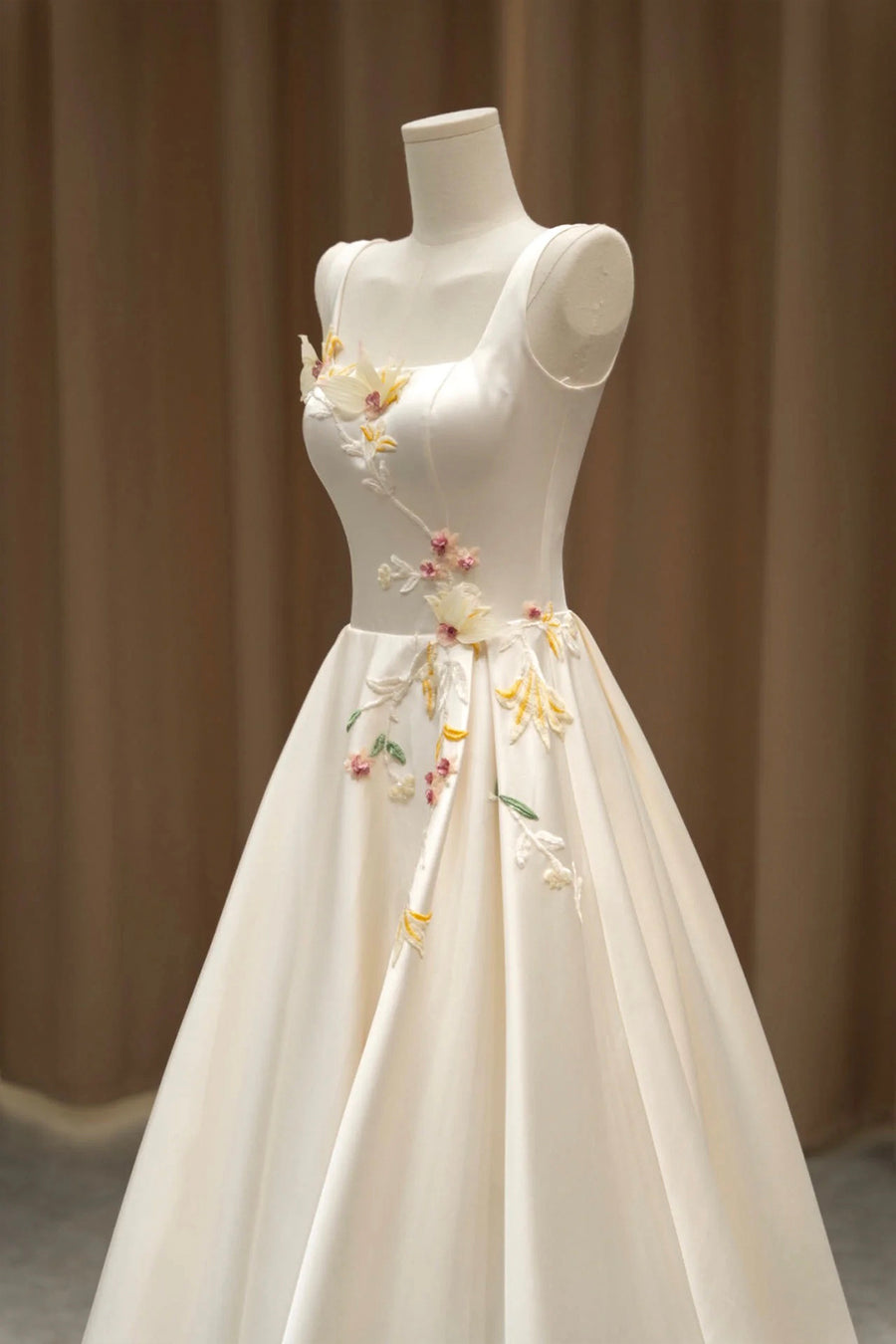 Light Champagne Satin Long Formal Dress with 3D Flowers, Elegant A-Lin