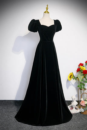 Black Velvet Short Sleeve Floor Length Prom Dress, Simple A-Line Evening Party Dress