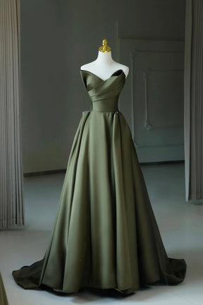 A-Line Strapless Satin Long Prom Dress, Dark Green Evening Party Dress