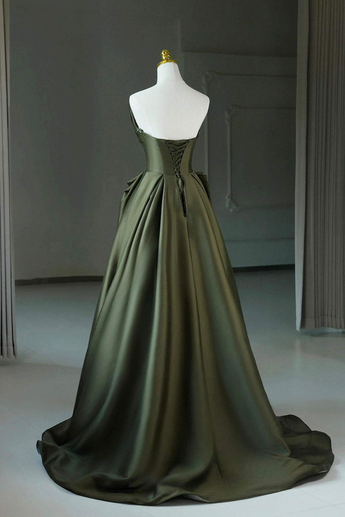 A-Line Strapless Satin Long Prom Dress, Dark Green Evening Party Dress