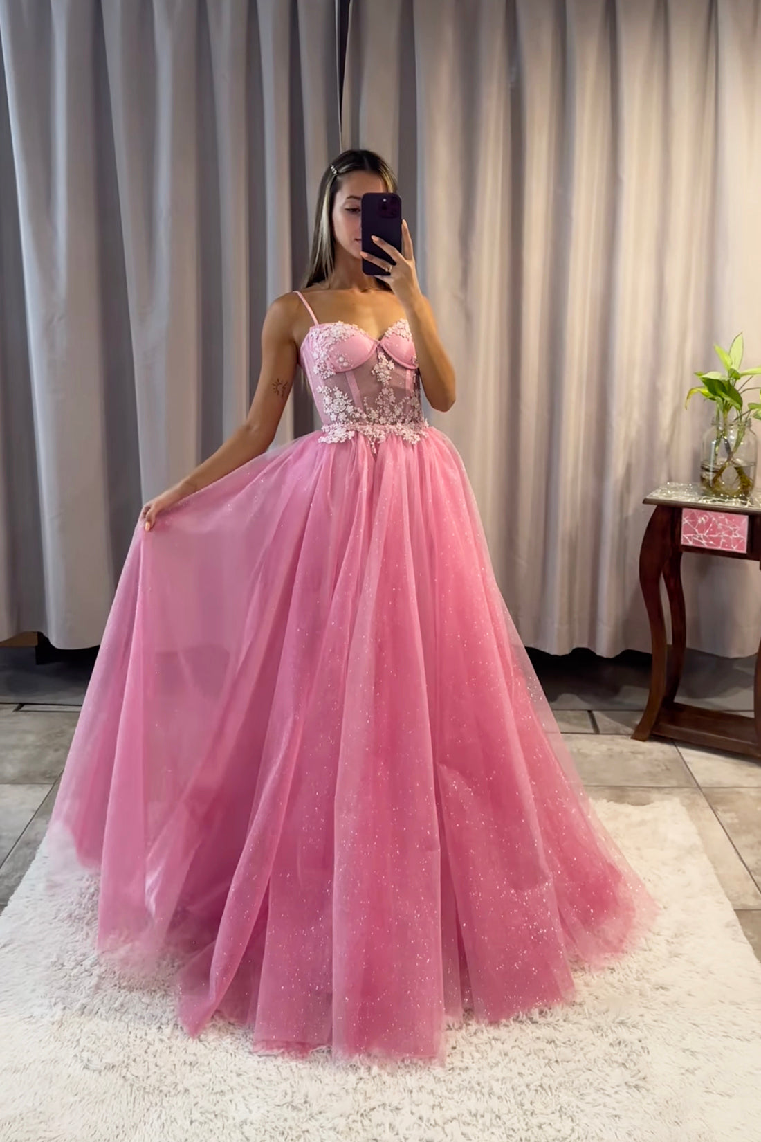 Pink Tulle Lace A-line Spaghetti Straps Prom Dresses SP745