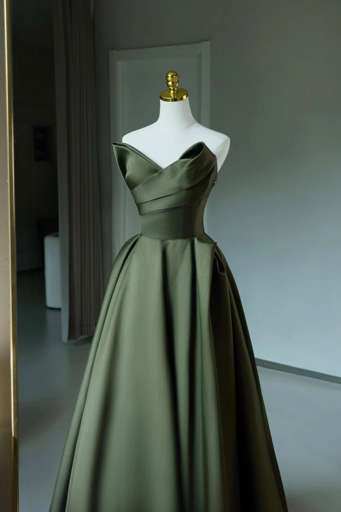 A-Line Strapless Satin Long Prom Dress, Dark Green Evening Party Dress A-Line Strapless Satin Long Prom Dress, Dark Green Evening Party Dress