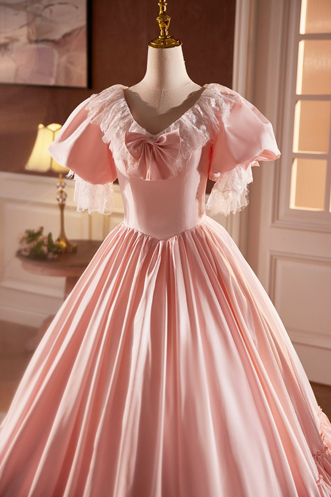 Pink Satin Lace Long Prom Dress, Pink Short Sleeve Evening Party Dress