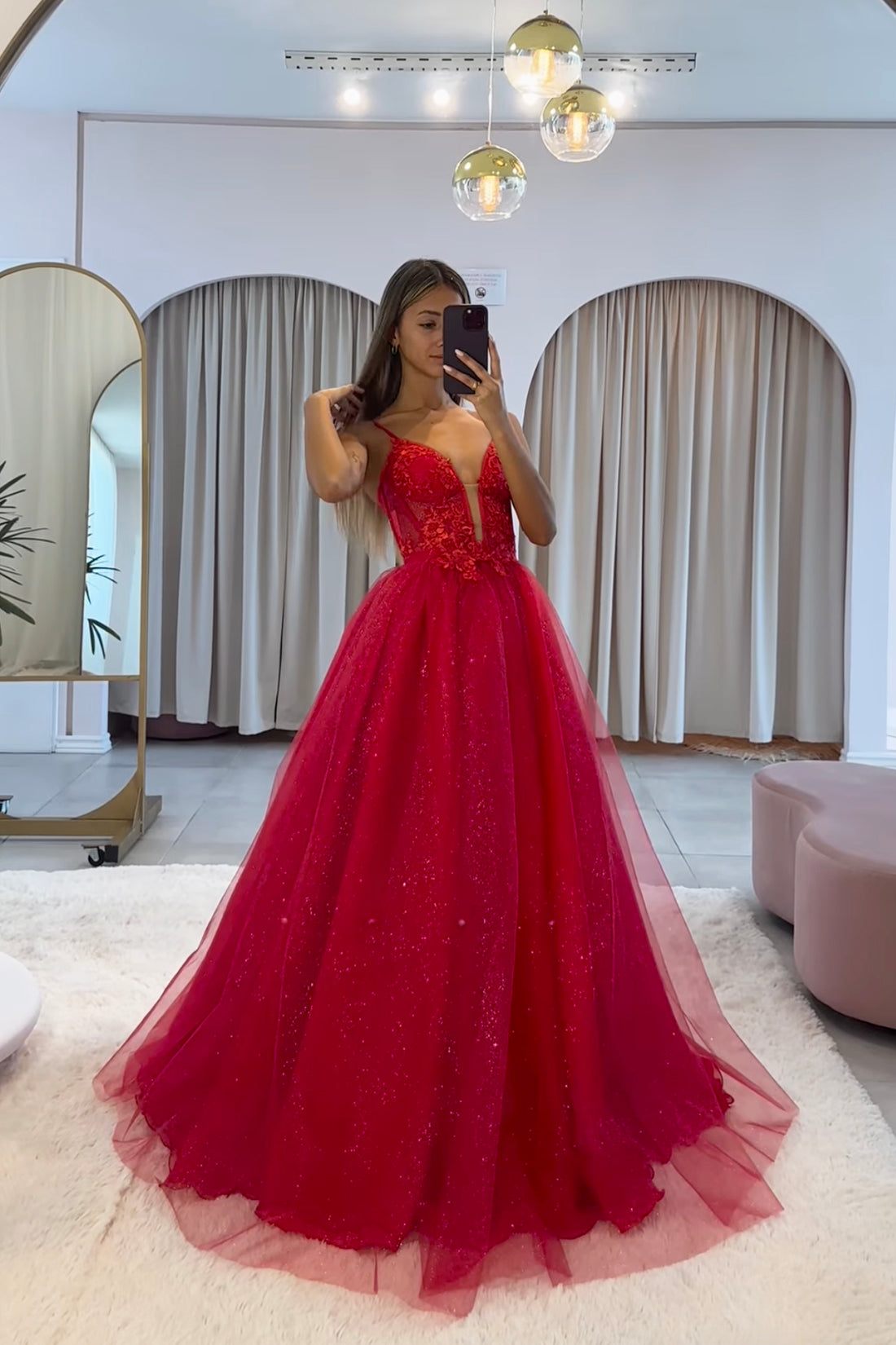 Queendancer Women Red Ball Gown Dress with Appliques Tulle Spaghetti Straps  Long Prom Dress with Slit – queendanceruk