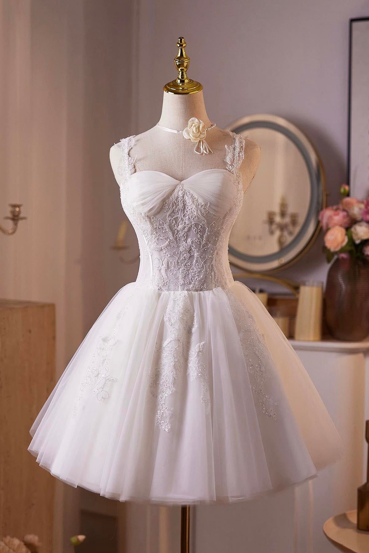 Charming Short White Party Dress, A-Line Tulle Lace Prom Homecoming Dress