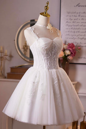 Charming Short White Party Dress, A-Line Tulle Lace Prom Homecoming Dress