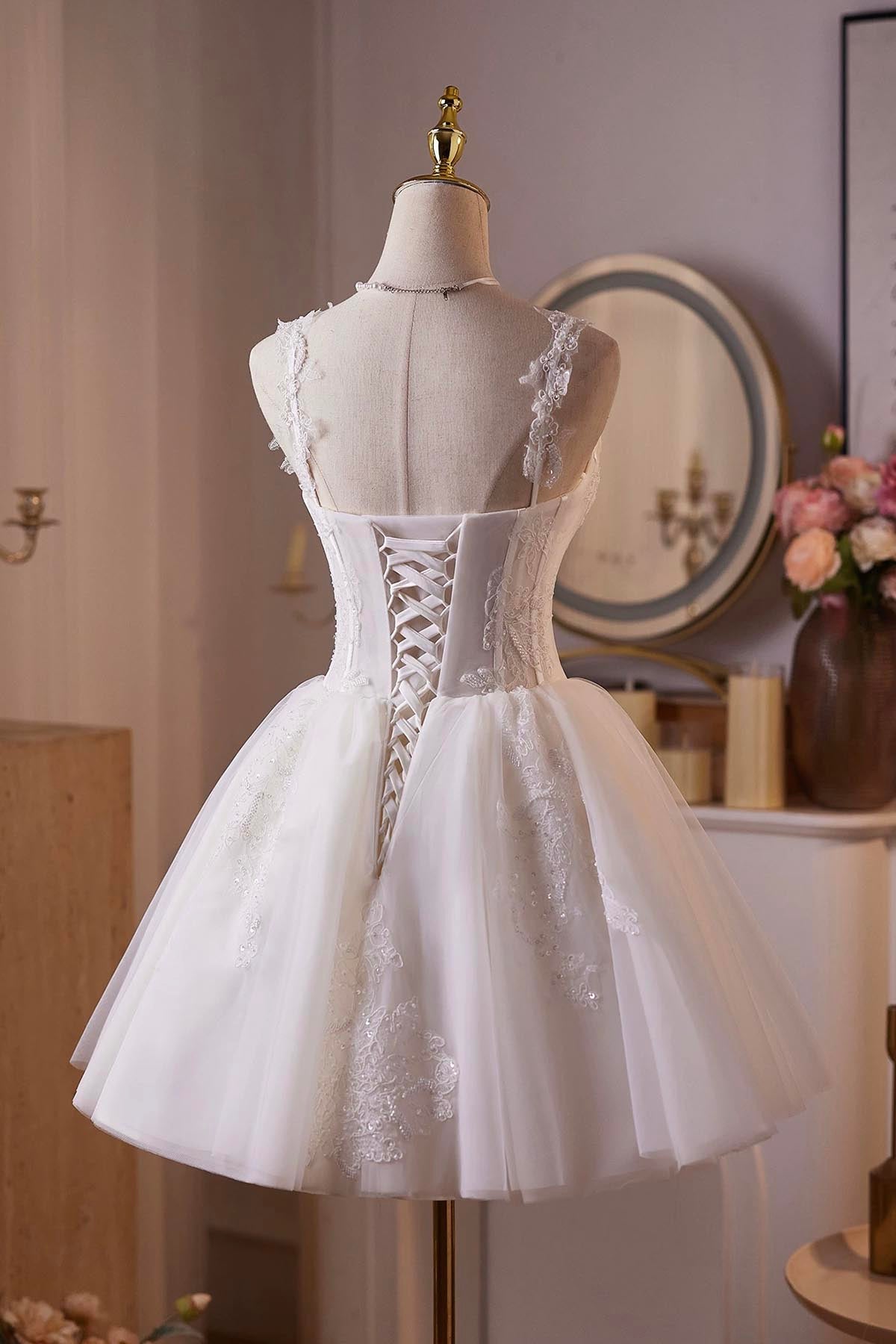 Charming Short White Party Dress, A-Line Tulle Lace Prom Homecoming Dress