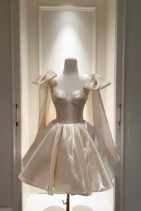 Champagne Satin Strapless Corset Flare Mini Party Dress with Detachable Bow