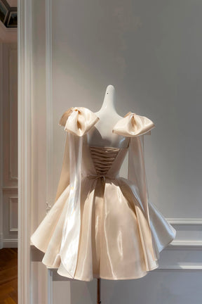 Champagne Satin Strapless Corset Flare Mini Party Dress with Detachable Bow