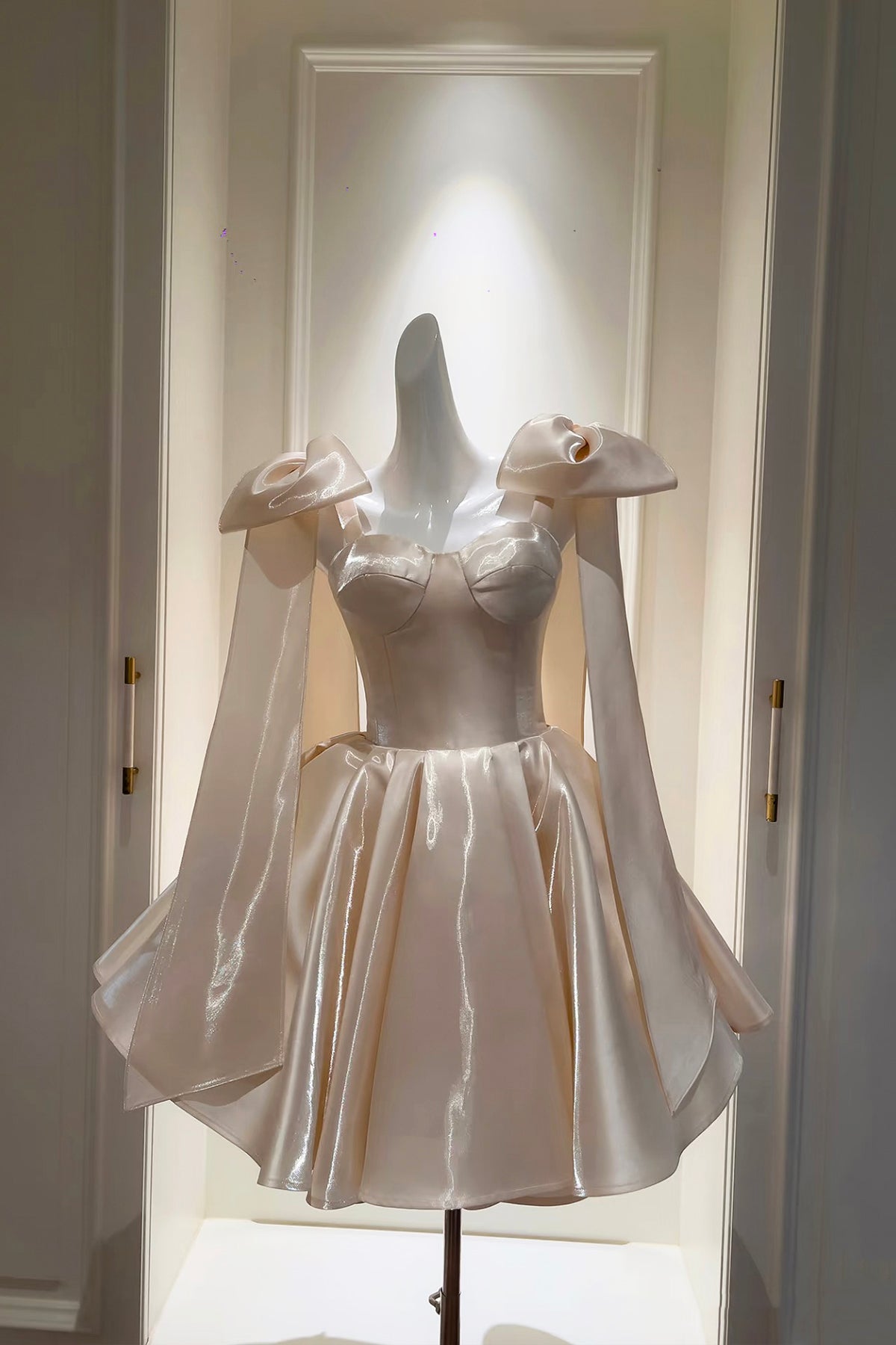 Champagne Satin Strapless Corset Flare Mini Party Dress with Detachable Bow