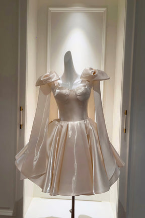 Champagne Satin Strapless Corset Flare Mini Party Dress with Detachable Bow