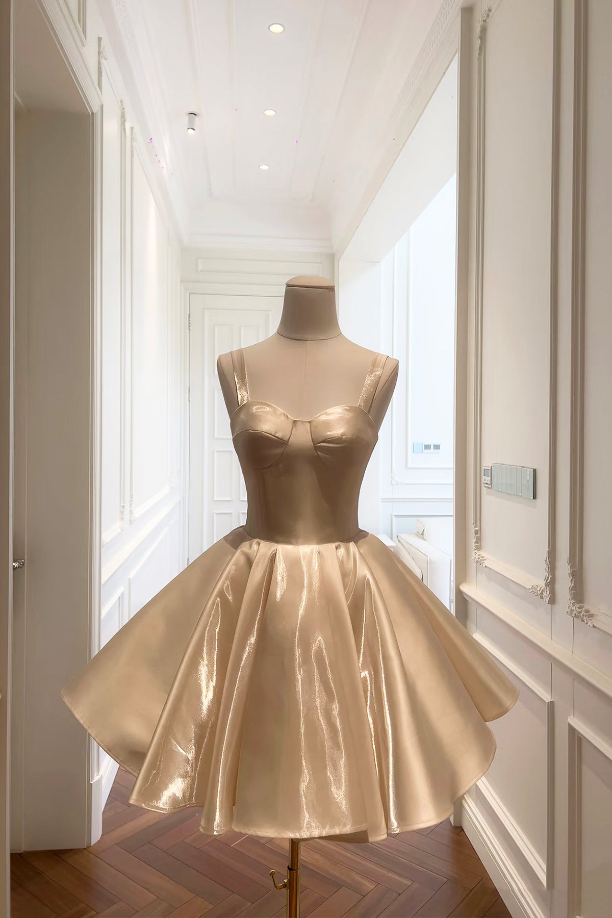 Champagne Satin Strapless Corset Flare Mini Party Dress with Detachable Bow