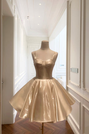 Champagne Satin Strapless Corset Flare Mini Party Dress with Detachable Bow