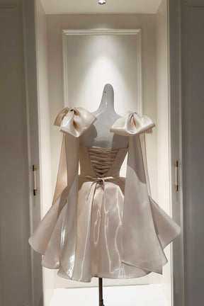 Champagne Satin Strapless Corset Flare Mini Party Dress with Detachable Bow