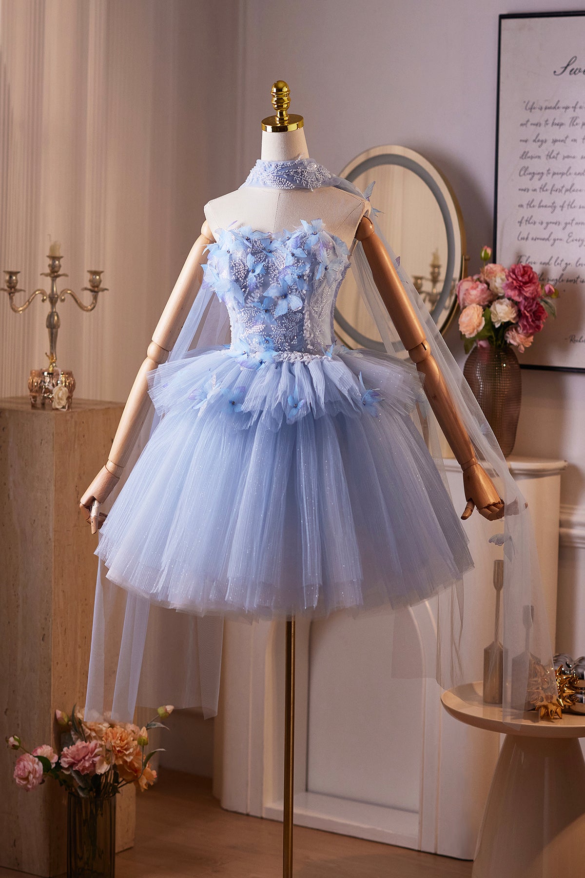 Enchanting Light Blue Tulle Mini Party Gown, A-Line Sweetheart Neck Ho Enchanting Light Blue Tulle Mini Party Gown, A-Line Sweetheart Neck Ho