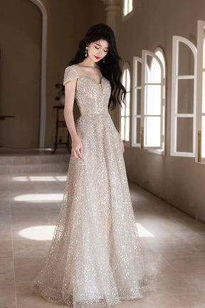 Champagne Sequin Evening Gown Short Sleeve V-Neck A-Line Formal Dress