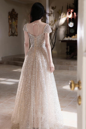 Champagne Sequin Evening Gown Short Sleeve V-Neck A-Line Formal Dress