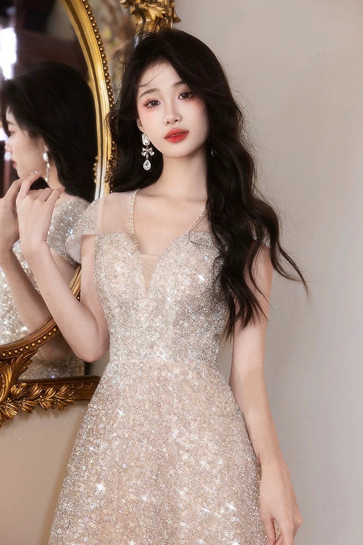 Champagne Sequin Evening Gown Short Sleeve V-Neck A-Line Formal Dress