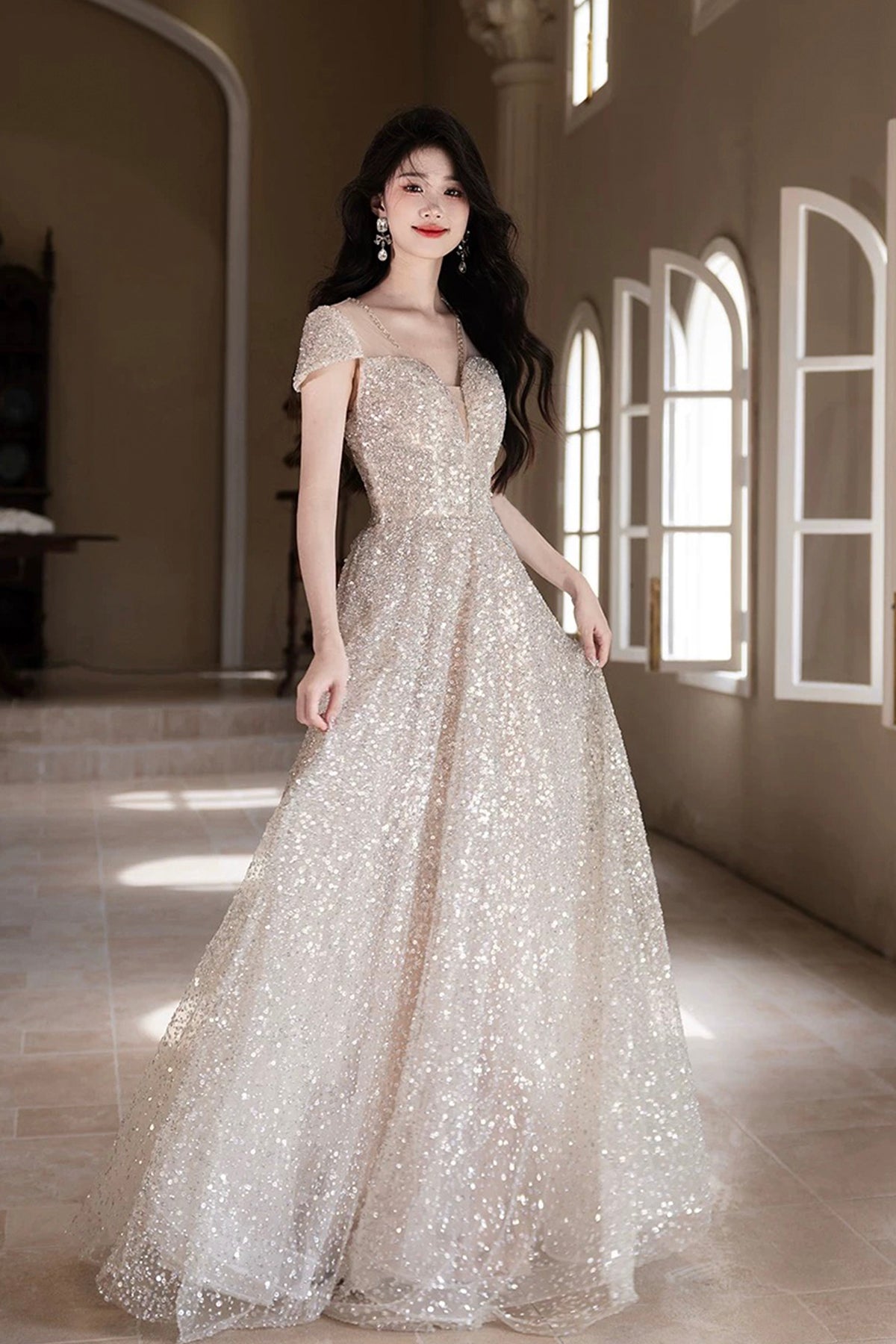 Champagne Sequin Evening Gown Short Sleeve V-Neck A-Line Formal Dress