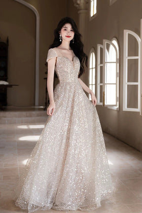 Champagne Sequin Evening Gown Short Sleeve V-Neck A-Line Formal Dress