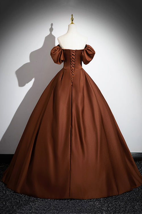 Brown Satin Long A-Line Prom Dress, Off the Shoulder Evening Party Dre